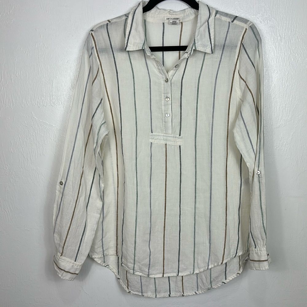 Artisan NY Linen Striped Hi-Low Hem Roll Tab Sleeve Blouse Top Size L